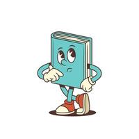 Blue Cartoon Book Mascot Thinking Deeply With Chin Resting And Eyes Looking Up Illustration vector