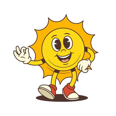 Smiling Vintage Cartoon Sun Mascot Walking Forward Showing Ok Hand Gesture Illustration