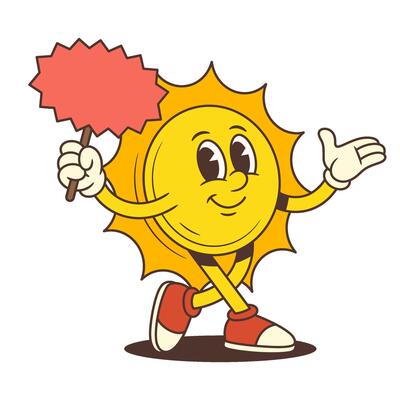 Cartoon Sun Character Holding Blank Red Sign for Promotion in Retro Style Walking Pose Illustration
