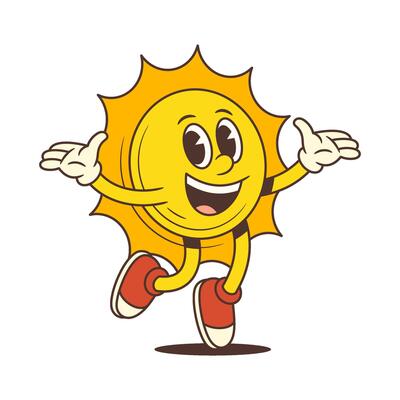Happy Cartoon Sun Character Jumping with Open Arms and Big Smile in Retro Style Illustration
