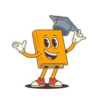 Cheerful Cartoon Book Mascot With Graduation Cap Making Welcoming Gesture And Smiling Illustration vector