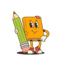 Smiling Cartoon Orange Book Mascot Standing Next To Big Green Pencil With Happy Expression vector