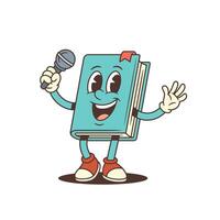 Blue Cartoon Book Mascot Smiling With Open Arms Holding Microphone Cheerfully Illustration vector