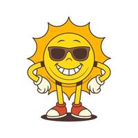 Confident Sun Mascot in Sunglasses Standing with Hands on Hips in Retro Style Illustration vector