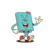 Blue Cartoon Book Mascot Laughing With Closed Eyes Making ILY Gesture While Walking Illustration vector