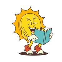 Laughing Cartoon Sun Character Squinting While Reading Book in Classic Oldschool Style Illustration vector
