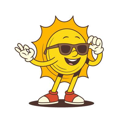 Happy Sun Mascot Adjusting Sunglasses Showing Ok Sign Wearing Sneakers And Gloves Illustration