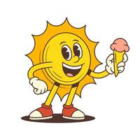 Smiling Cartoon Sun Mascot Standing with Ice Cream Cone in Hand in Retro Style Illustration vector