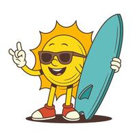 Cool Cartoon Sun Character with Surfboard and Rock Gesture in Retro Style Illustration vector