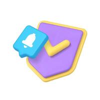 3d Realistic Icon With Shield Checkmark And Reminder Notification Bubble In Modern Digital Style vector