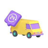 3d Realistic Icon With Yellow Truck And 24 Hours Button For Delivery And Logistics Service vector