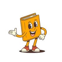 Orange Cartoon Book Mascot Joyfully Telling Story Gesturing With Hand Friendly Expression vector