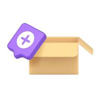 3d Realistic Icon With Open Cardboard Box And Add Button For Modern Logistics Or Delivery Service vector