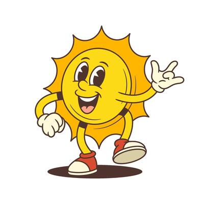 Happy Vintage Cartoon Sun Mascot Showing ILY Hand Gesture With Big Smile Illustration