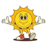 Smiling Cartoon Sun Mascot with Open Arms Walking in Vintage Style Illustration vector