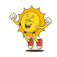 Happy Cartoon Sun Mascot Jumping with Raised Hands and Eyes Closed in Retro Style Illustration vector