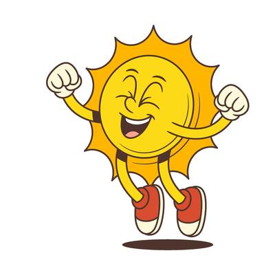 Happy Cartoon Sun Mascot Jumping with Raised Hands and Eyes Closed in Retro Style Illustration