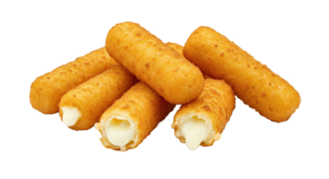 A close up of several fried mozzarella sticks stacked together on a transparent background image view png