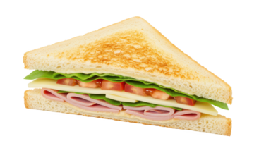 A close up shot of a triangular sandwich with lettuce tomato ham and cheese on white bread slices laid flat png