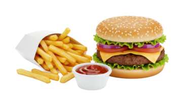 A delicious burger with fries and ketchup arranged on a surface ready to be enjoyed as a meal png