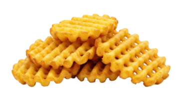 A close up shot showcasing a stack of waffle fries with a golden yellow color and a distinct grid pattern png
