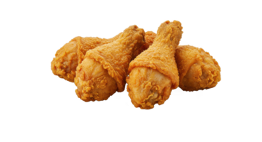 A close up view of several pieces of fried chicken drumsticks piled together on a neutral background surface png