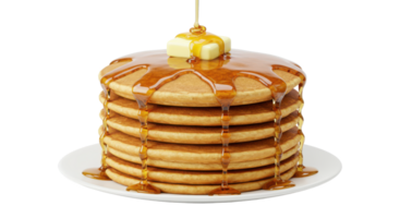 A stack of pancakes topped with butter and syrup on a white plate against a blurred background image view png