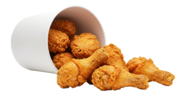A bucket of fried chicken pieces spilling out onto a surface with some pieces scattered around it nicely png