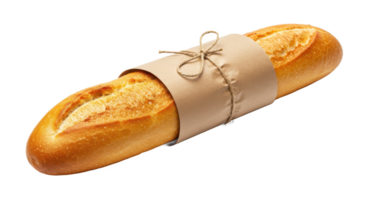 A single baguette wrapped in brown paper tied with twine sits on a plain background for a food image png