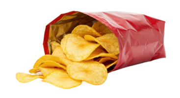 A red bag of potato chips spilling out onto a surface with a transparent background showing the chips inside png