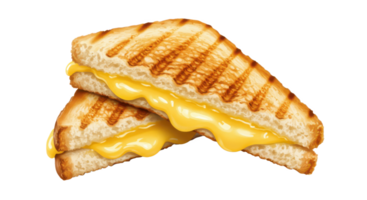 A close up of two halves of a grilled cheese sandwich with melted cheese oozing from the sides on a table png