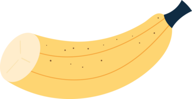 A ripe, curved banana with brown spots and a sliced end displayed plainly. png