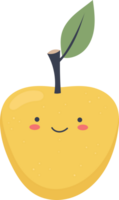 Happy pear illustration with face, featuring a leaf, stem, and cute smile. png