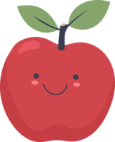 Cartoon apple with a happy smiling face, two green leaves and a dark stem. png