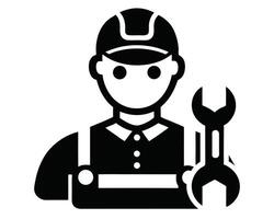 Black and white icon of a mechanic holding a wrench vector