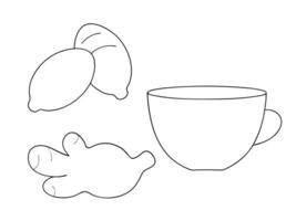 Outline illustration of lemon ginger and a teacup ready to be colored vector
