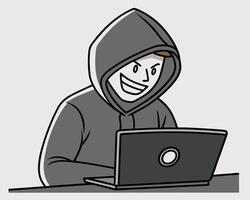 Cartoon Hacker in Hoodie Smiling at Laptop Screen Illustration vector