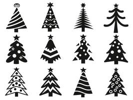 Collection of Twelve Black and White Stylized Christmas Tree Icons on White Background vector