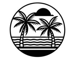 Black and White Silhouette of Palm Trees on a Beach in a Circle vector