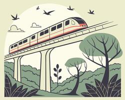 Modern Elevated Train Illustration with Nature and Birds in a Minimalist Style vector