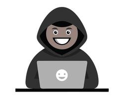 Cartoon Hacker with Laptop and Smiley Face Wearing a Dark Hoodie vector