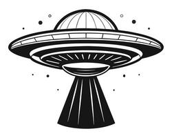 Monochrome UFO with Beam of Light and Floating Particles Illustration vector