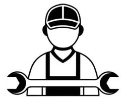 Black and white illustration of a mechanic holding a wrench tool vector