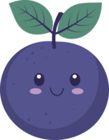 Whimsical plum character with a cute face and green leaves smiling happily. png