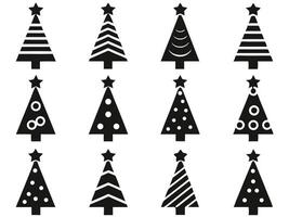 Collection of Twelve Stylized Christmas Trees with Star Toppers in Black and White vector