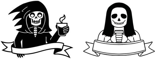 Two Skeleton Characters with Banners A Grim Reaper and a Smiling Skull vector