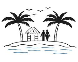 Romantic Getaway Couple on a Tropical Island with Palm Trees and Hut vector