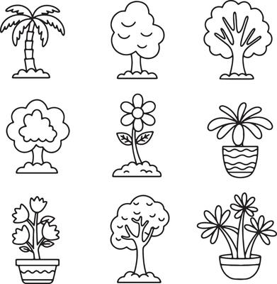 Beautiful Garden-Inspired Botanical Line Art with Trees, Flowers, Ferns, and Cactus in Calm Illustration