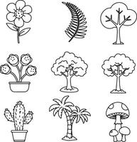 Charming Line Art Illustrations of Diverse Plants and Trees A Delightful Collection of Floral, Foliage, and Fungus Drawings vector