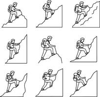 Nine Line Drawings of Hikers Ascending Rocky Mountains A Collection of Simple, Serene Climbing Illustrations vector